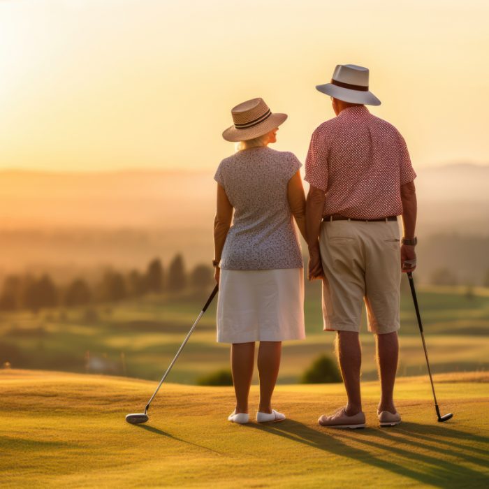 Ældre par nyder en solnedgang på golfbanen, ideelt for rekreativ fritidsgolfoplevelse.